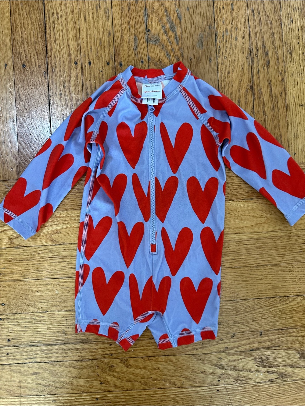 Hanna Andersson Red Heart Print Baby Swimsuit Romper - Red & Lavender 6-12 month